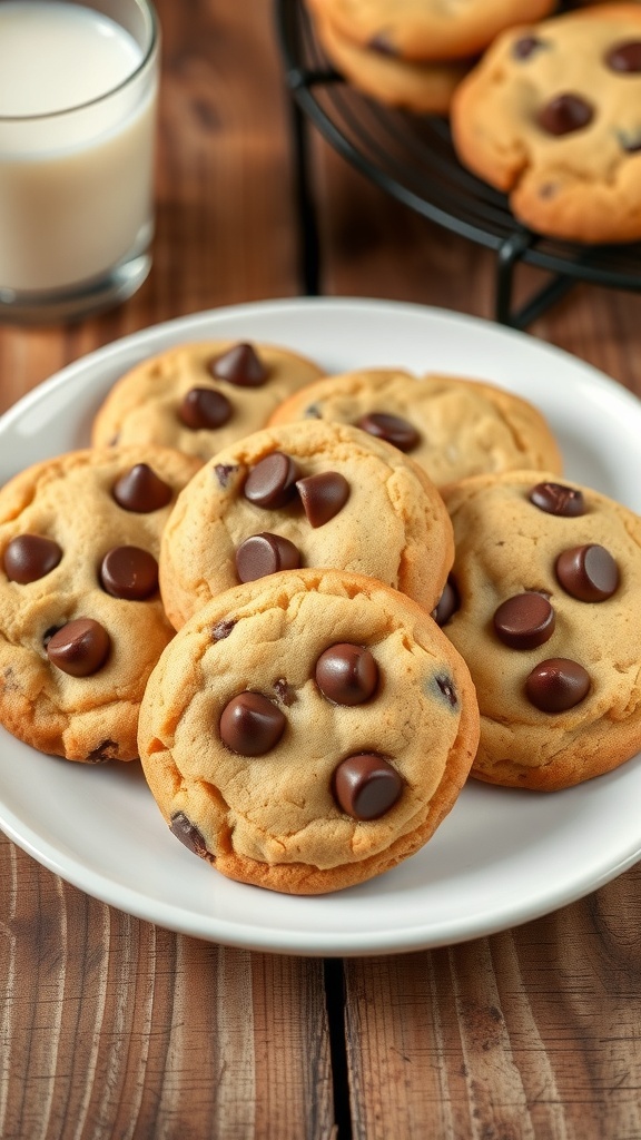 A plate of golden brown chocolate chip cookies with melted chocolate chips, alongside a glass of milk.